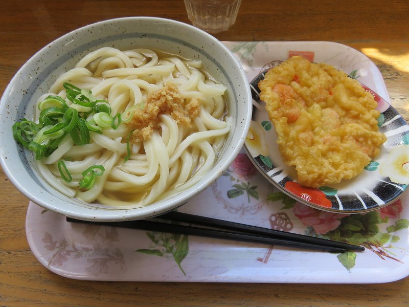 丸亀市の「ことひらうどん工場併設店」のかけうどんと小えびの天ぷら