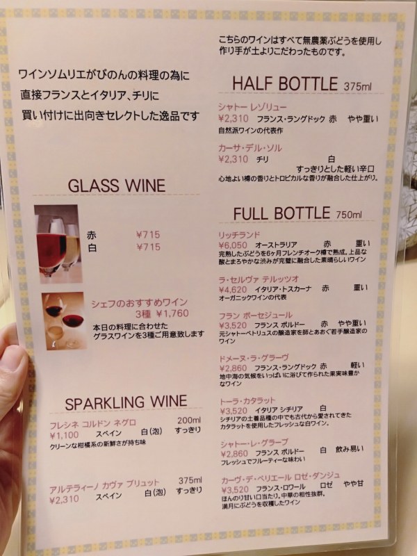 伊香保温泉の洋風旅館ぴのんの夕食のワインメニュー